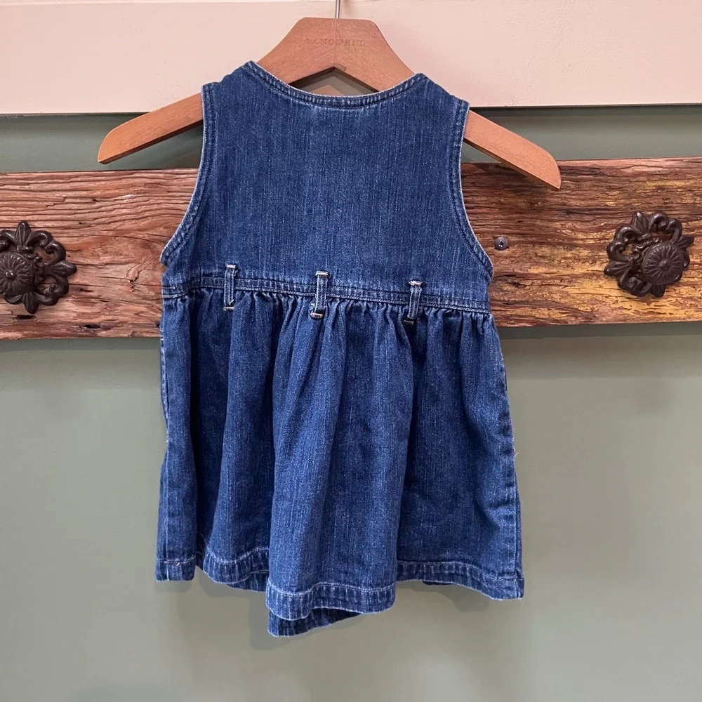 OshKosh Bgosh Vintage Denim Jumper Dress 18M Blue Embroidered Mice Gardening